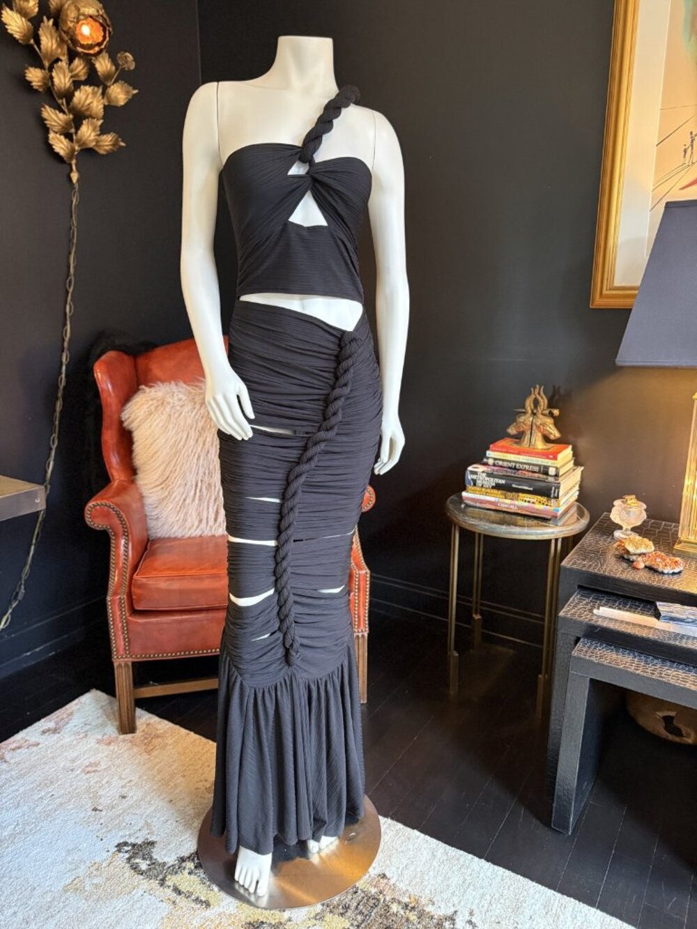 NWOT ATHINA Black One-Shoulder Ruched Cutout Mermaid Gown M